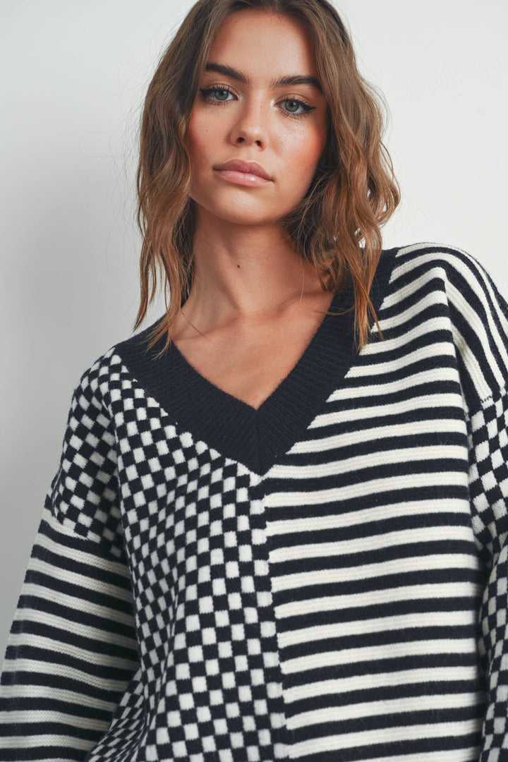 Women's Sweaters - FRENCHY CHECKER PATTERN DROP SHOULDER SWEATER - - Cultured Cloths Apparel