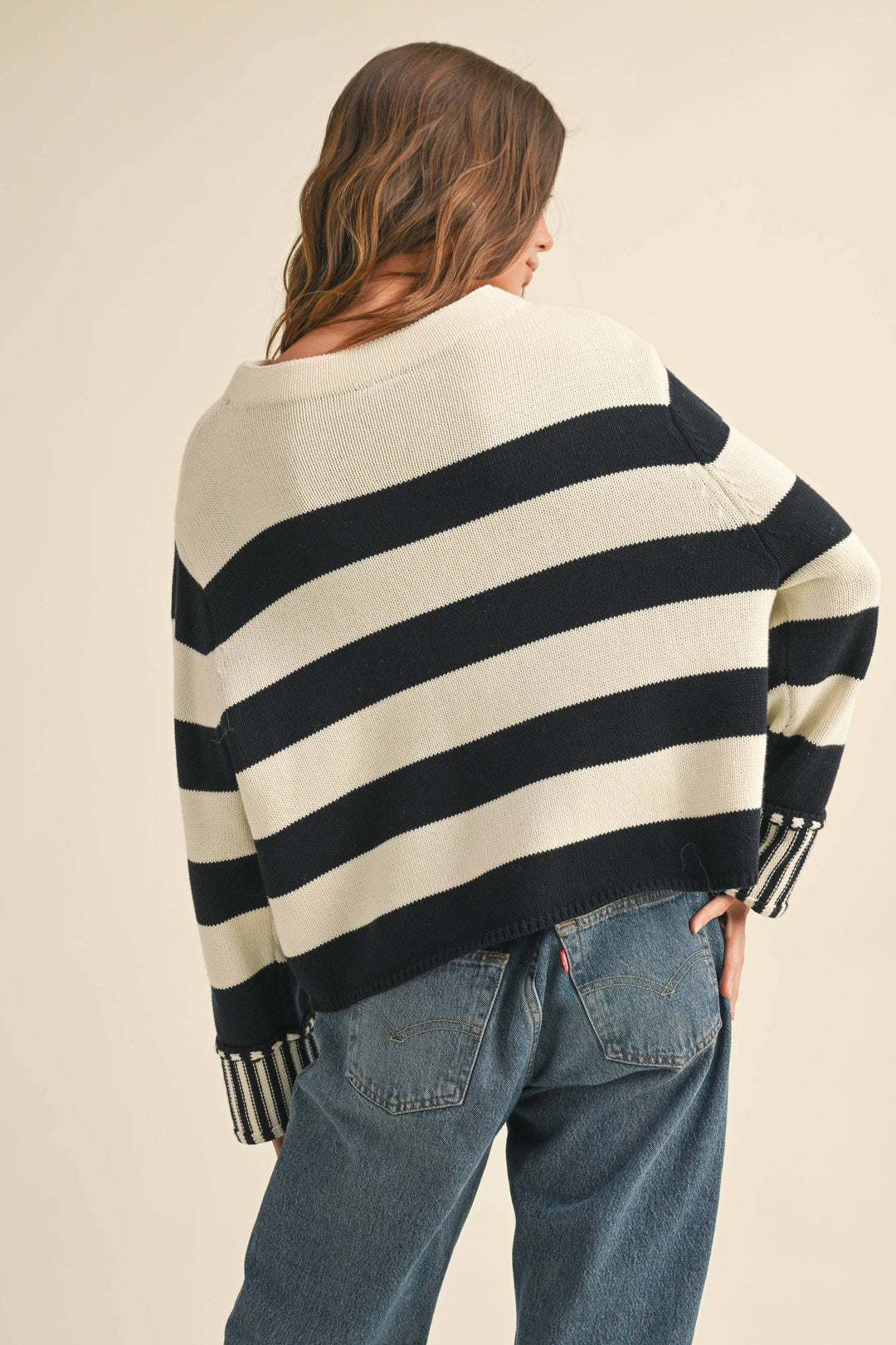 Women's Sweaters - OLIVE/WHITE STRIPED SWEATER TOP - - Cultured Cloths Apparel