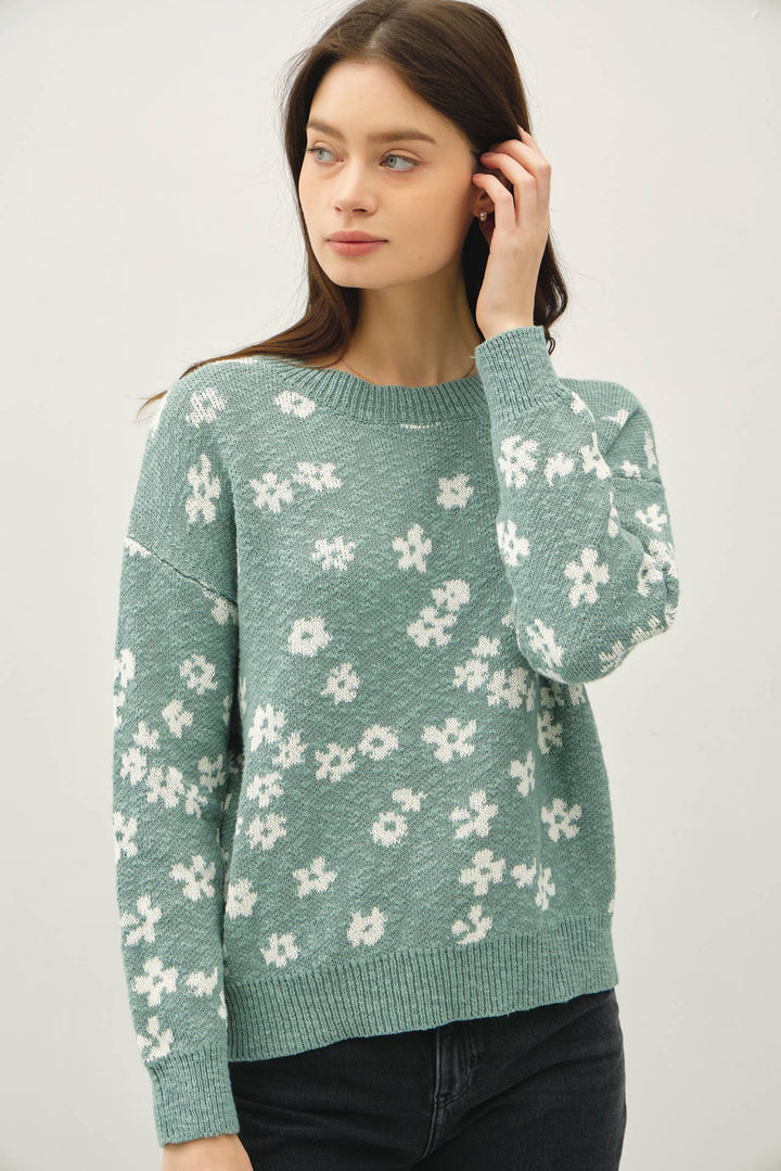 Women's Sweaters - FLORAL SWEATER TOP - Sea Green - Cultured Cloths Apparel