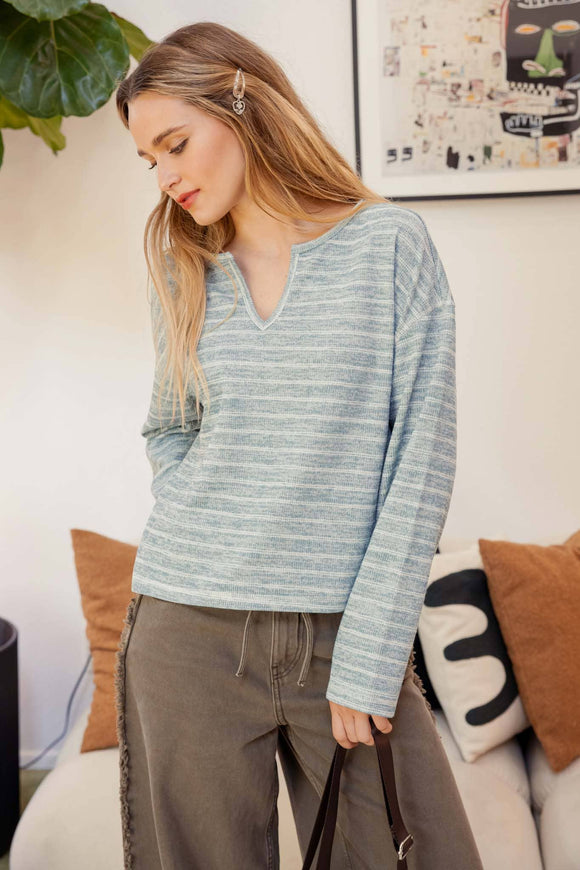  - STRIPE SPLIT NECK LONG SLEEVE MARLED KNIT TOP -  - Cultured Cloths Apparel