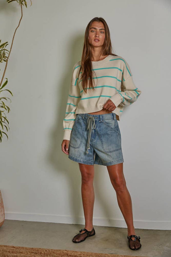 Women's Sweaters - Striped Crew Neck Long Sleeve Pullover Sweater Top - Natural Mint - Cultured Cloths Apparel