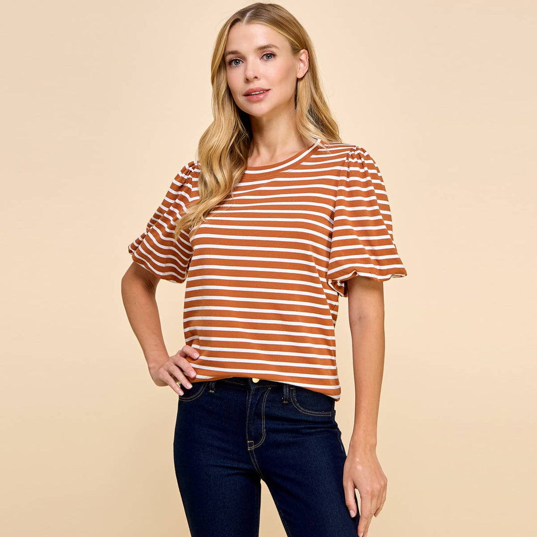 Women's Short Sleeve - Striped Top with Puffed Sleeves -  - Cultured Cloths Apparel