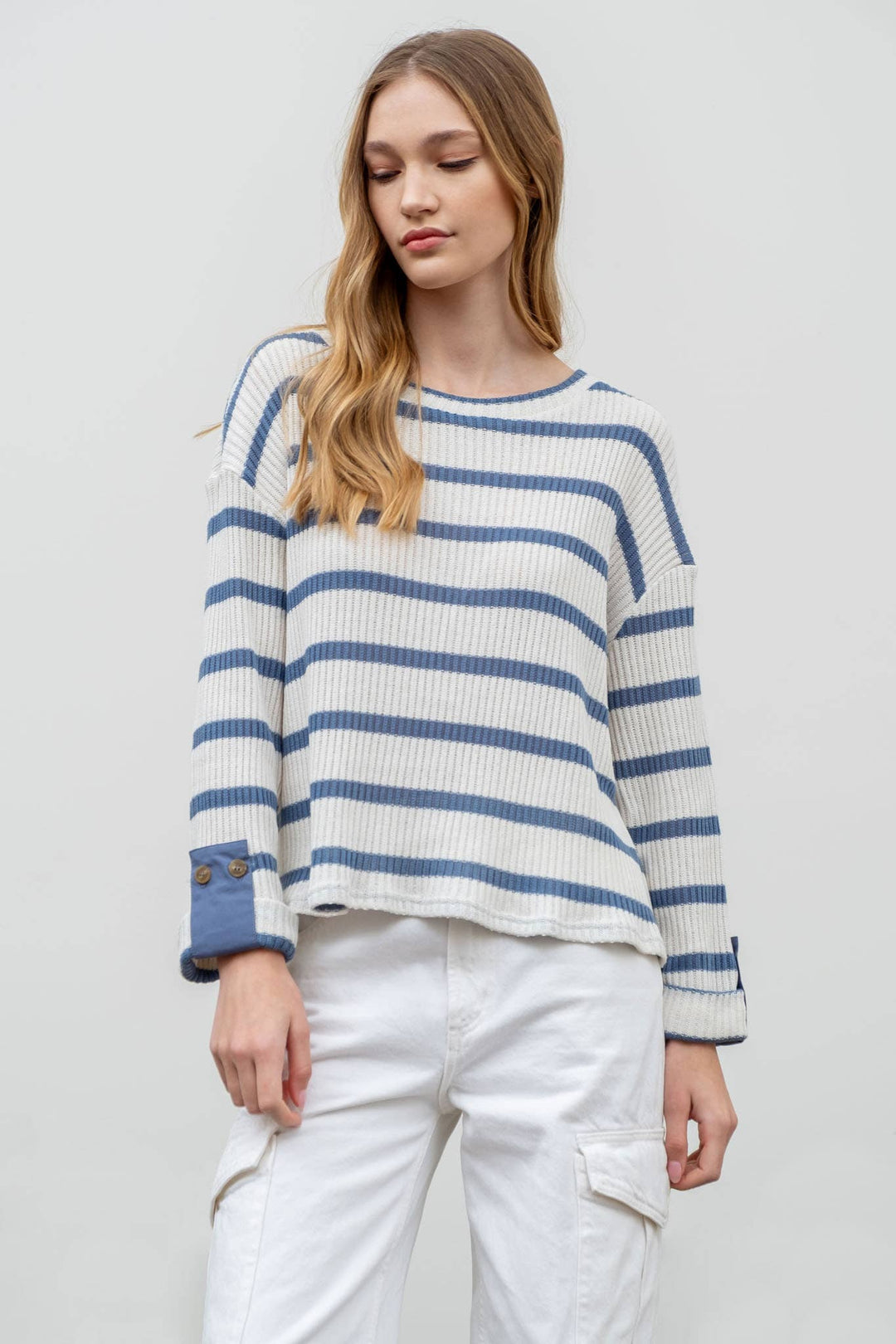 Women's 3/4 Sleeve - STRIPED 3/4 FOLDED SLEEVE KNIT TOP -  - Cultured Cloths Apparel