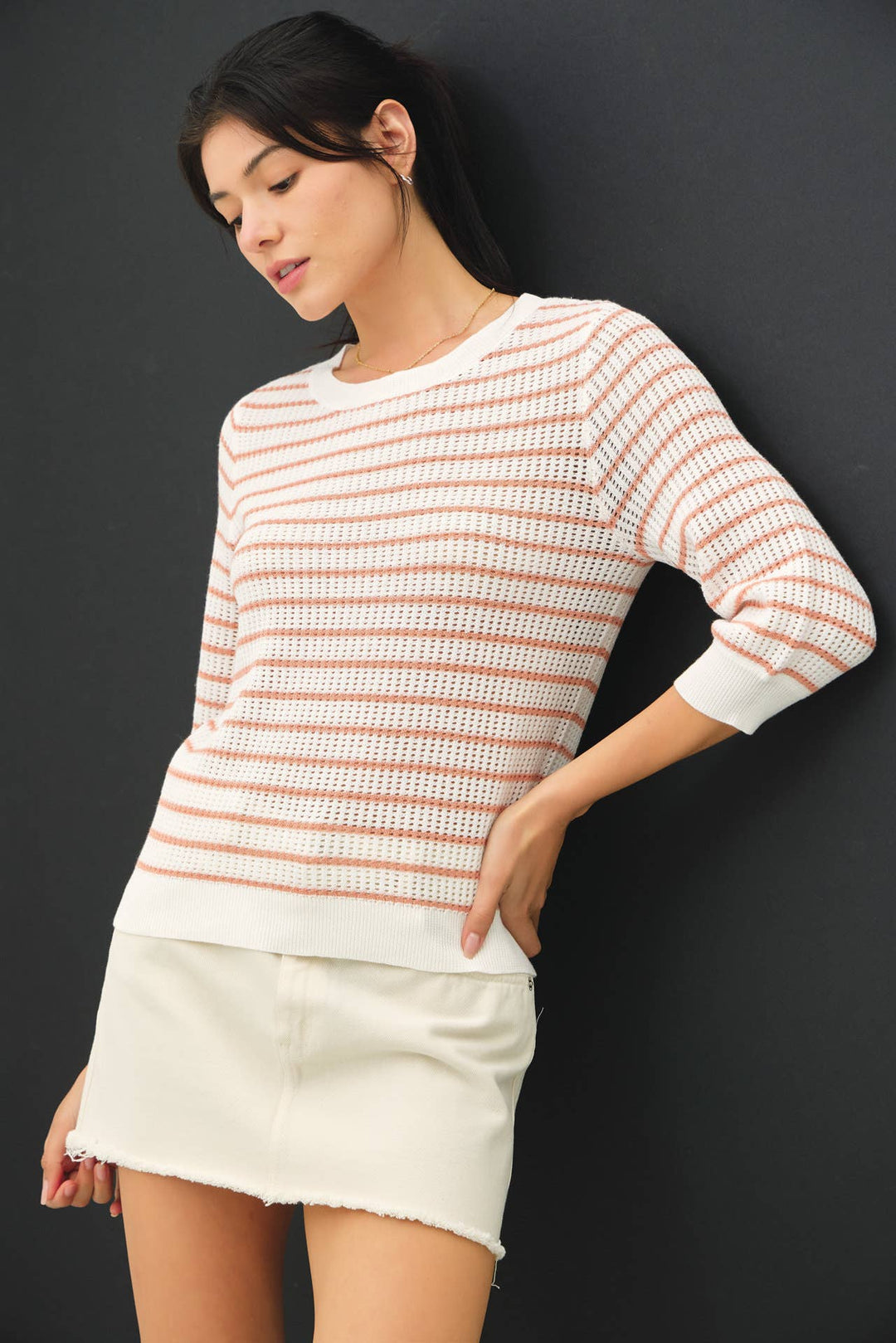 Women's 3/4 Sleeve - STRIPED 3/4 SLEEVE SWEATER - Auburn - Cultured Cloths Apparel