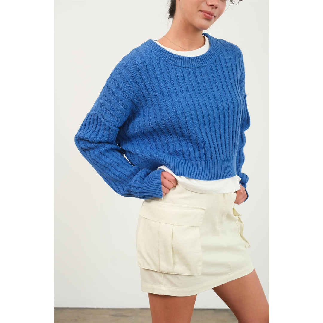 Women's Sweaters - CROPPED RIBBED LONG SLEEVE KNIT SWEATER -  - Cultured Cloths Apparel