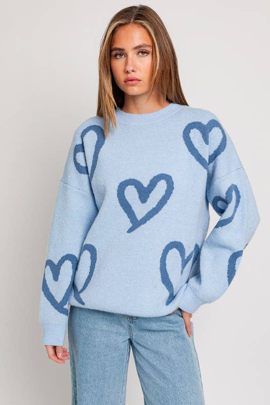 Women's Sweaters - Long Sleeve Round Neck Heart Printed Sweater -  - Cultured Cloths Apparel