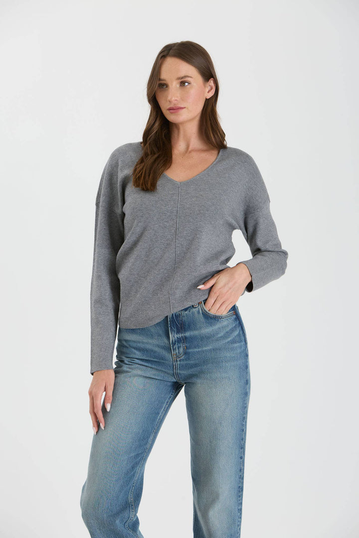 Women's Sweaters - SOLID V NECK FRONT SEAM KNIT SWEATER - - Cultured Cloths Apparel