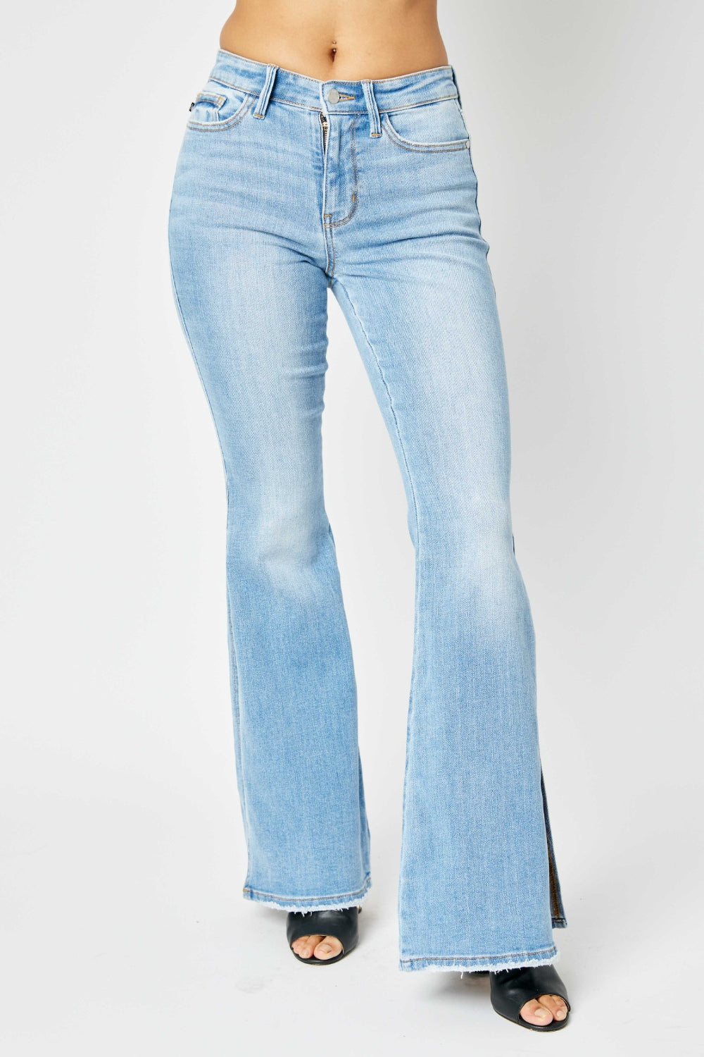 Denim - Judy Blue Full Size Mid Rise Raw Hem Slit Flare Jeans - Medium - Cultured Cloths Apparel