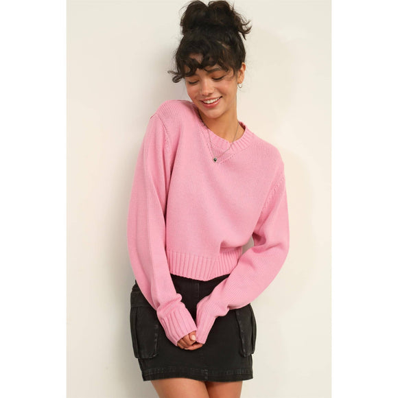 Women's Sweaters - CREW NECK CROPPED KNIT SWEATER - ROSE PINK - Cultured Cloths Apparel