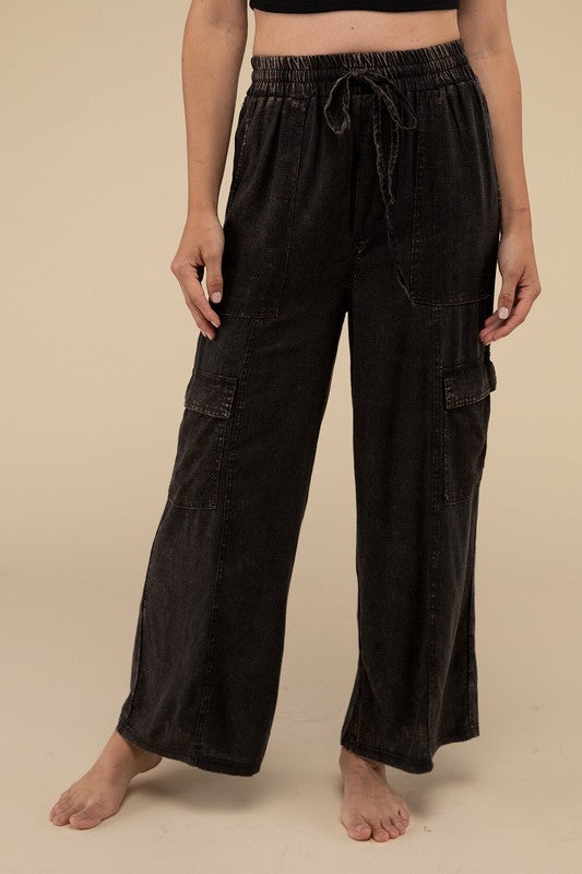 Denim - Washed Linen Elastic Band Waist Cargo Pants - ASH BLACK - Cultured Cloths Apparel