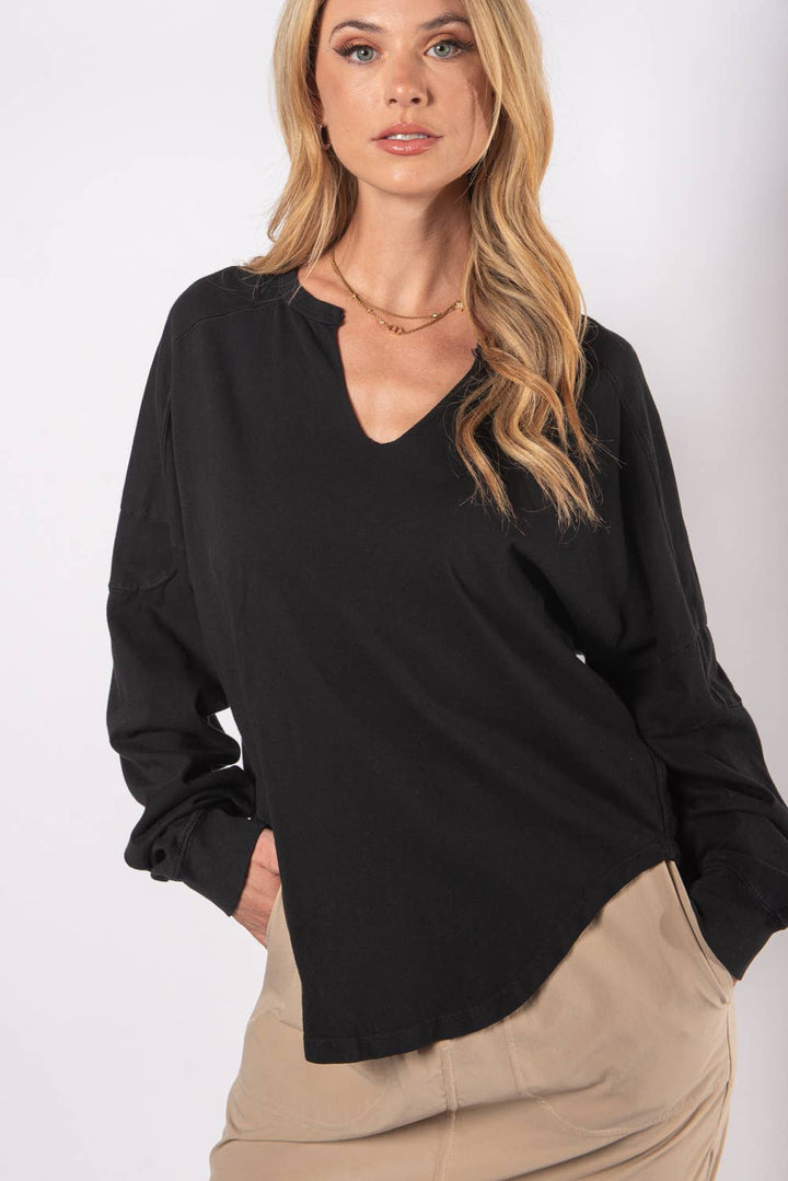 Women's Long Sleeve - WASHED OVERSIZED PREMIUM COTTON NOTCH NECK TEE -  - Cultured Cloths Apparel