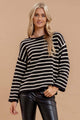 Women's Sweaters - STRIPE BOAT NECK DROP SHOULDER KNIT SWEATER - BLACK - Cultured Cloths Apparel