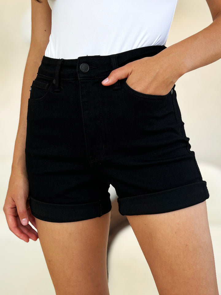 Women's Shorts - Judy Blue Full Size High Waist Tummy Control Cuffed Denim Shorts - Black - Cultured Cloths Apparel