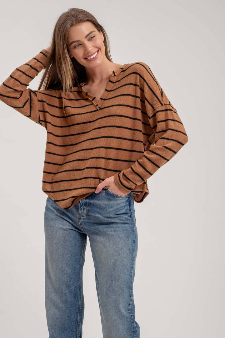 Women's Sweaters - STRIPE EXPOSED SEAM SPLIT NECK KNIT TOP: BROWN -  - Cultured Cloths Apparel