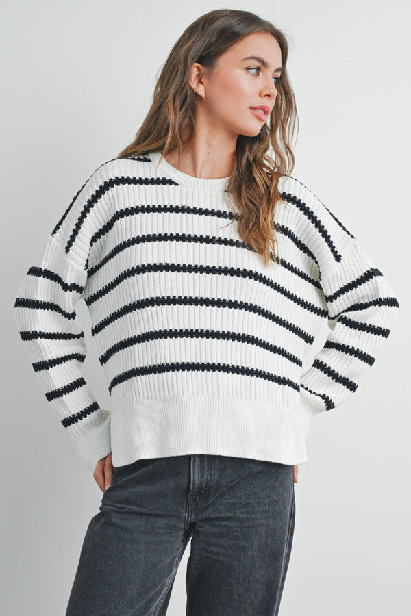 Women's Sweaters - BOAT NECK STRIPED KNIT SWEATER - IVORY / BLACK - Cultured Cloths Apparel