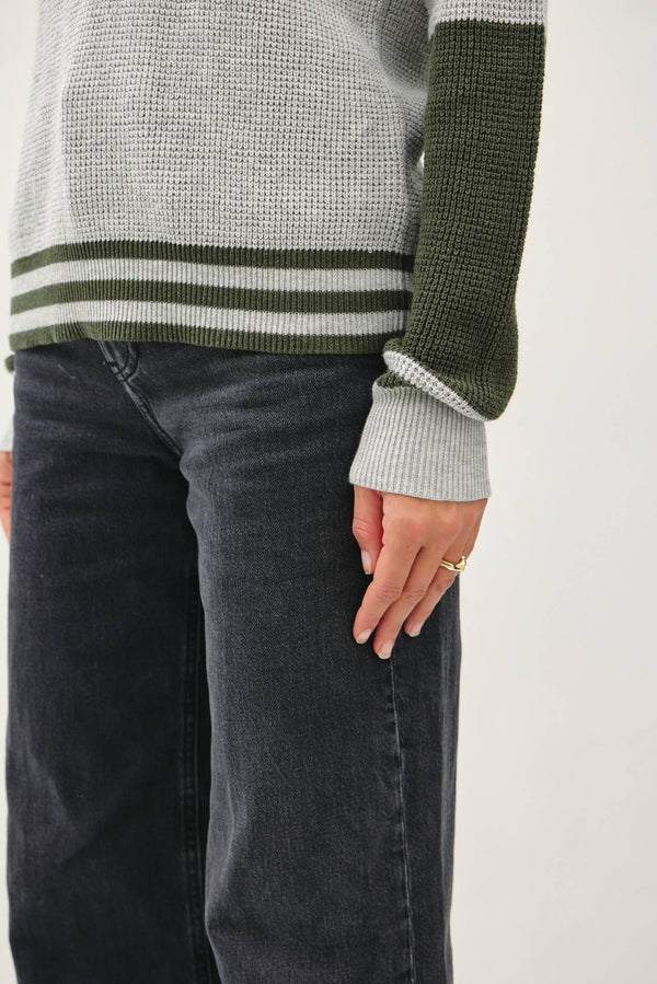 Women's Sweaters - BASEBALL STYLE SWEATER WITH STRIPED ACCENTS -  - Cultured Cloths Apparel