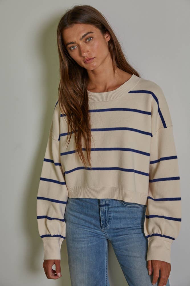 Women's Sweaters - Striped Crew Neck Long Sleeve Pullover Sweater Top -  - Cultured Cloths Apparel