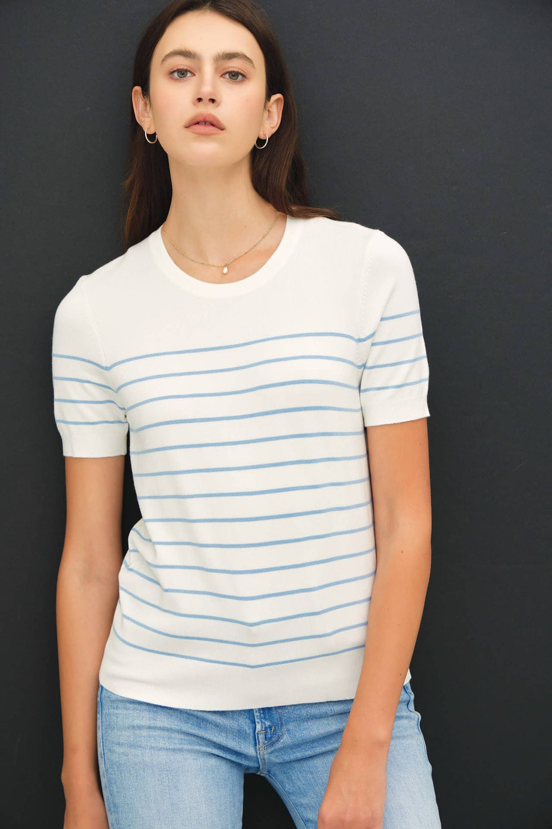 Women's Short Sleeve - STRIPED SWEATER TOP - Sky Blue - Cultured Cloths Apparel