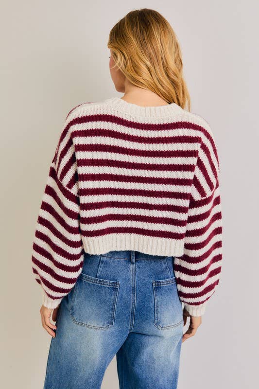 Women's Sweaters - Long Sleeve V-Neck Striped Cropped Sweater - - Cultured Cloths Apparel