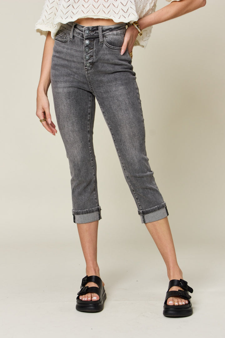 Denim - Judy Blue Full Size Button Fly High Waist Cuffed Capris - GRAY - Cultured Cloths Apparel