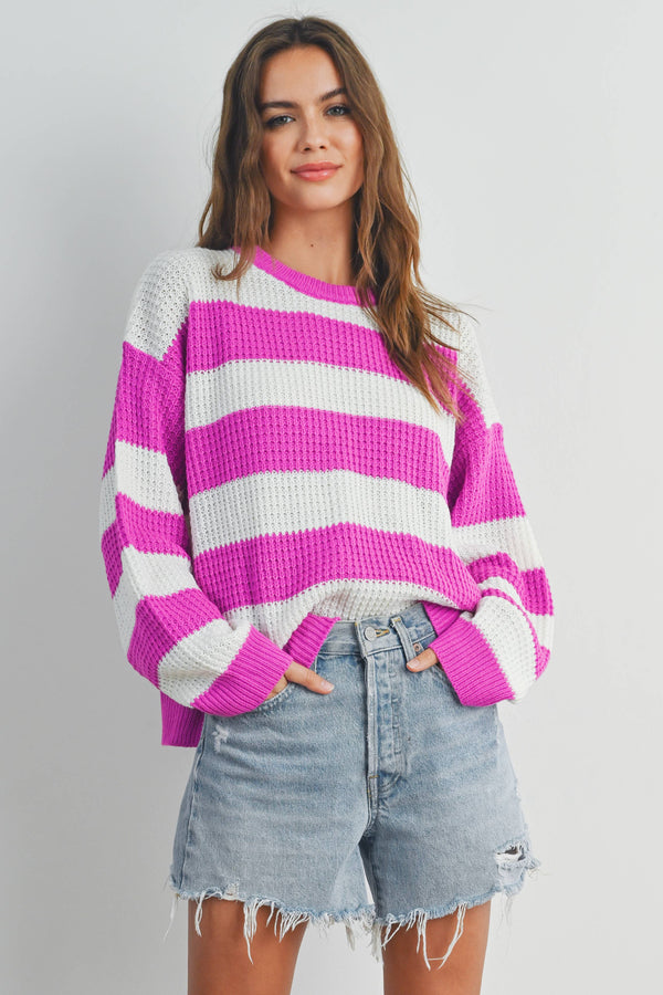 Women's Sweaters - STRIPED ROUND NECK LONG SLEEVE SWEATER -  - Cultured Cloths Apparel