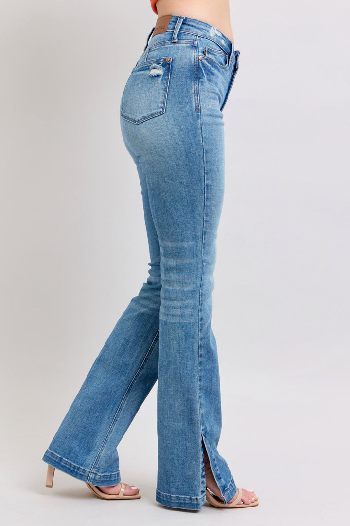 Denim - Judy Blue HW Tummy Control Vintage Wash Side Slit Slim Boot Jeans - - Cultured Cloths Apparel