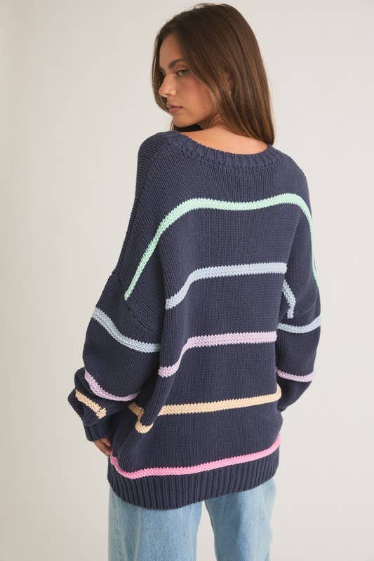 Women's Sweaters - Long Sleeve Round Neck 3d Striped Sweater - - Cultured Cloths Apparel