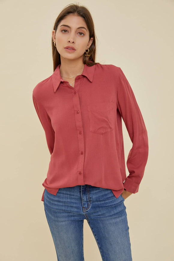 Women's Long Sleeve - RAYON BUTTON DOWN CLASSIC SHIRT - Poppy - Cultured Cloths Apparel