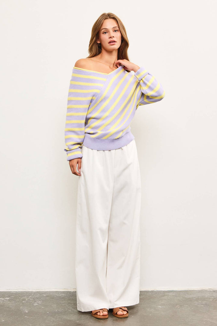 Women's Sweaters - CROSS STRIPE V NECK SWEATER TOP - - Cultured Cloths Apparel