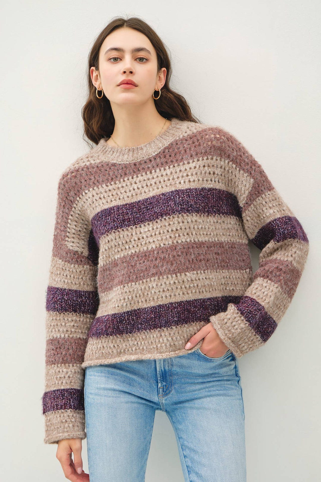 Women's Sweaters - CHUNKY CROCHET KNIT STRIPED SWEATER -  - Cultured Cloths Apparel