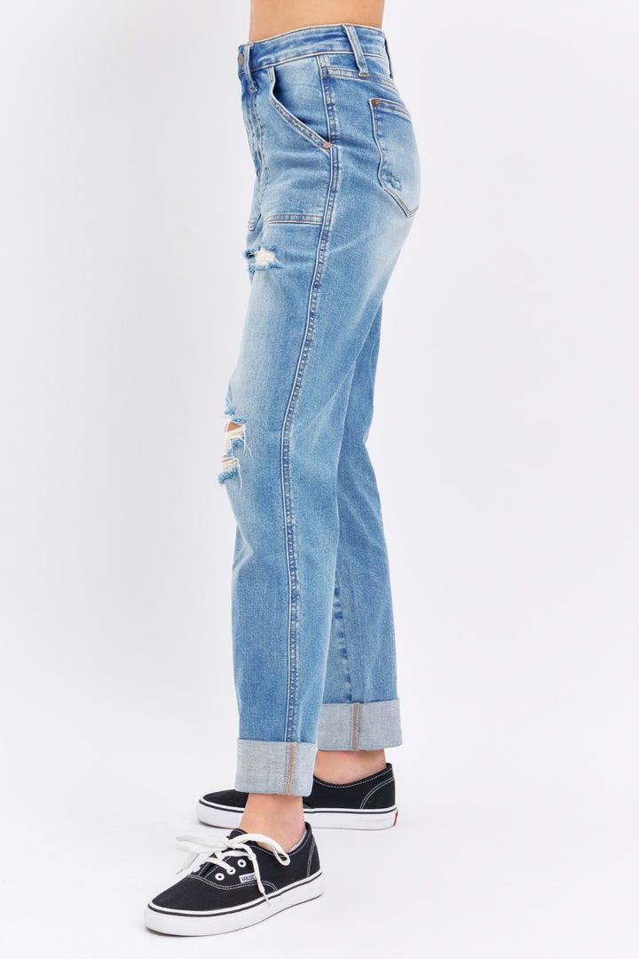 Denim - Judy Blue Full Size Distressed Straight Jeans with Patch Pockets -  - Cultured Cloths Apparel