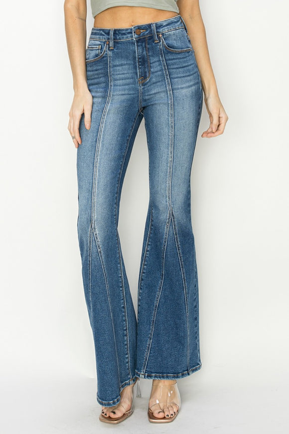 Denim - RISEN Full Size High Rise Front Seam Detailed Flare Jeans - Dark - Cultured Cloths Apparel