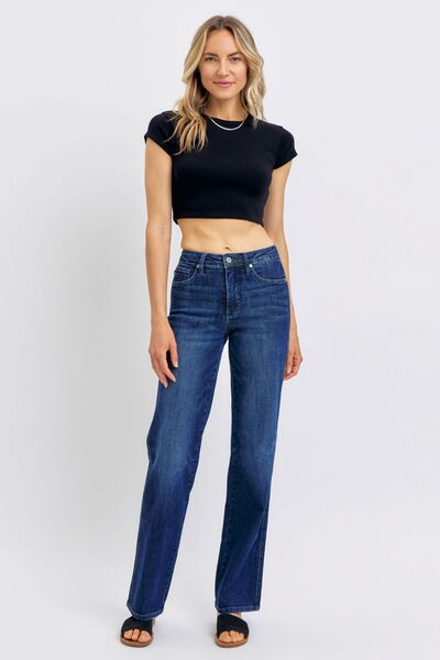 Denim - Judy Blue Full Size Tummy Control Straight Jeans Plus Size - Dark - Cultured Cloths Apparel