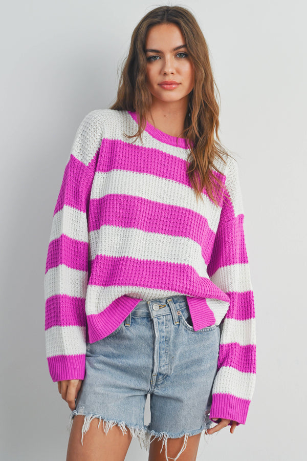 Women's Sweaters - STRIPED ROUND NECK LONG SLEEVE SWEATER -  - Cultured Cloths Apparel