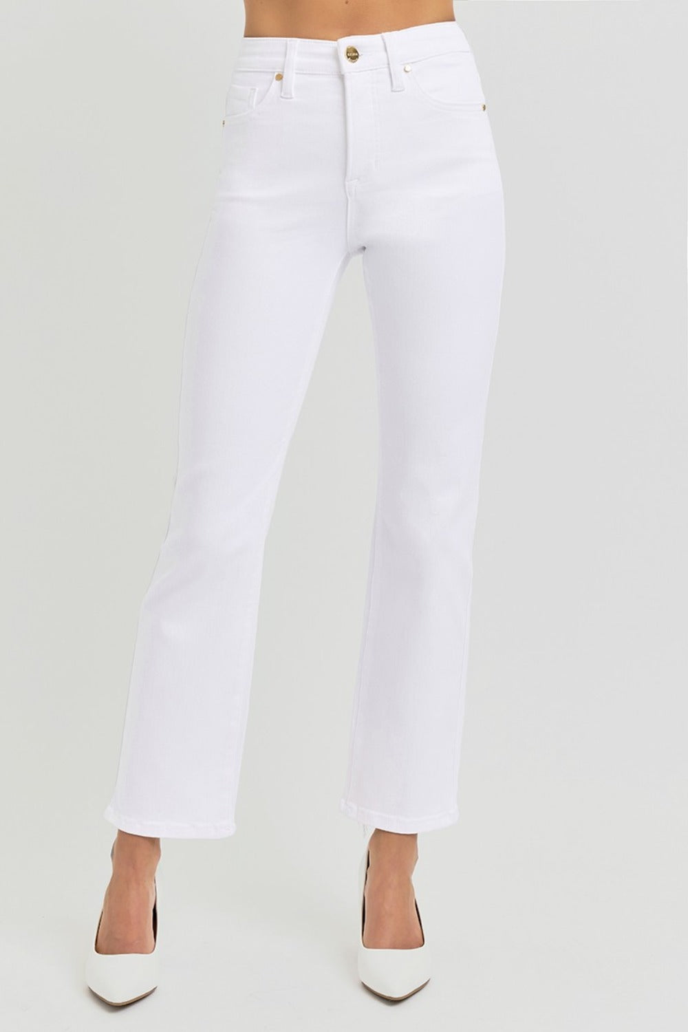 Denim - RISEN Full Size Tummy Control Elastic Band High Rise Crop Straight Jeans - White - Cultured Cloths Apparel