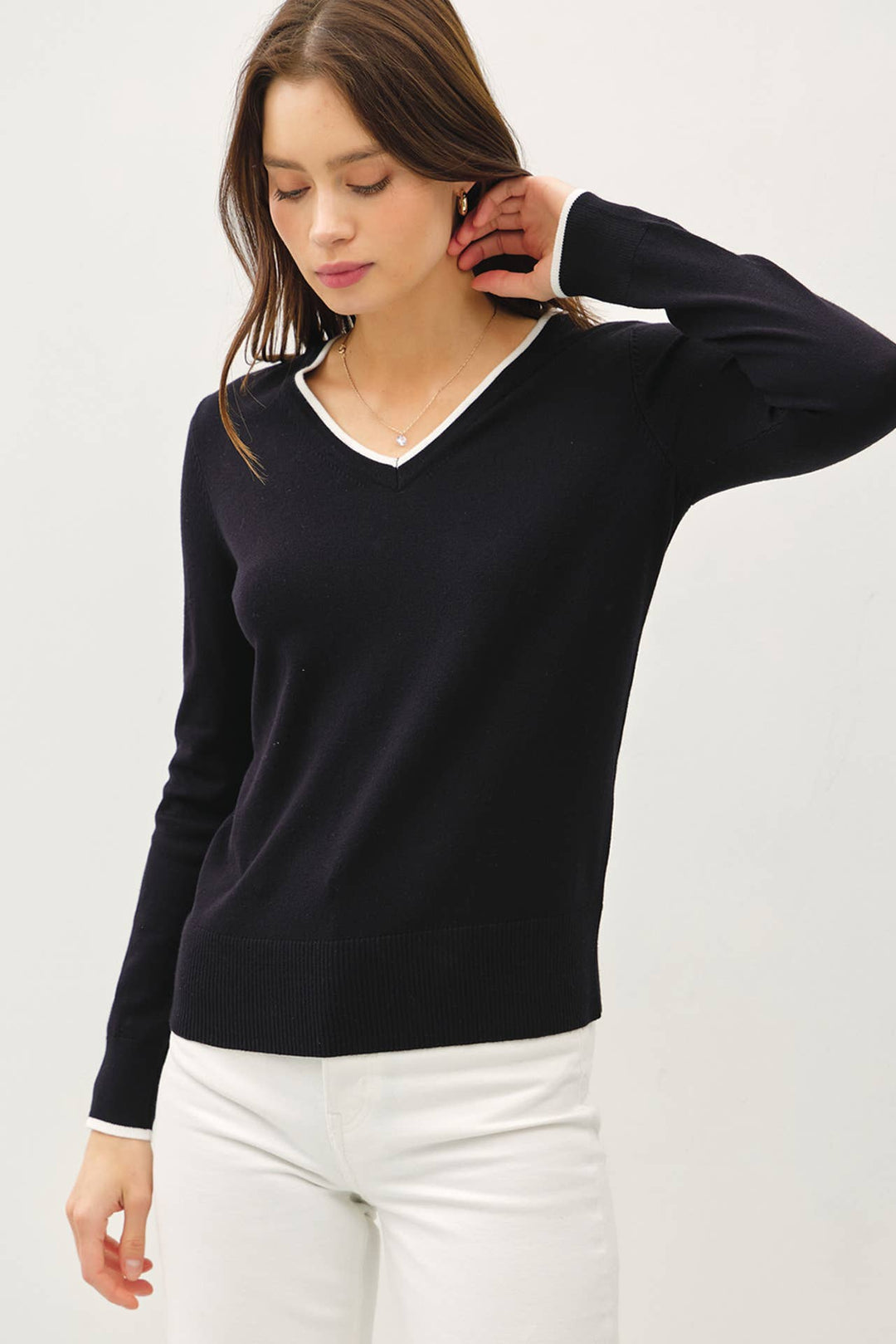 Women's Sweaters - VARSITY STYLE V-NECK SWEATER - Black - Cultured Cloths Apparel