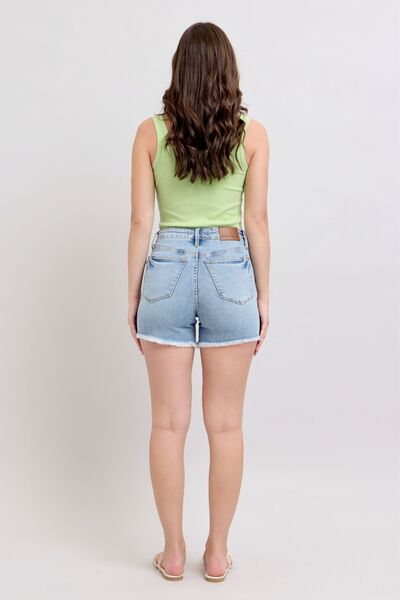 Women's Shorts - Judy Blue Full Size Tummy Control Raw Hem Denim Shorts - - Cultured Cloths Apparel