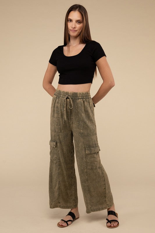 Denim - Washed Linen Elastic Band Waist Cargo Pants -  - Cultured Cloths Apparel