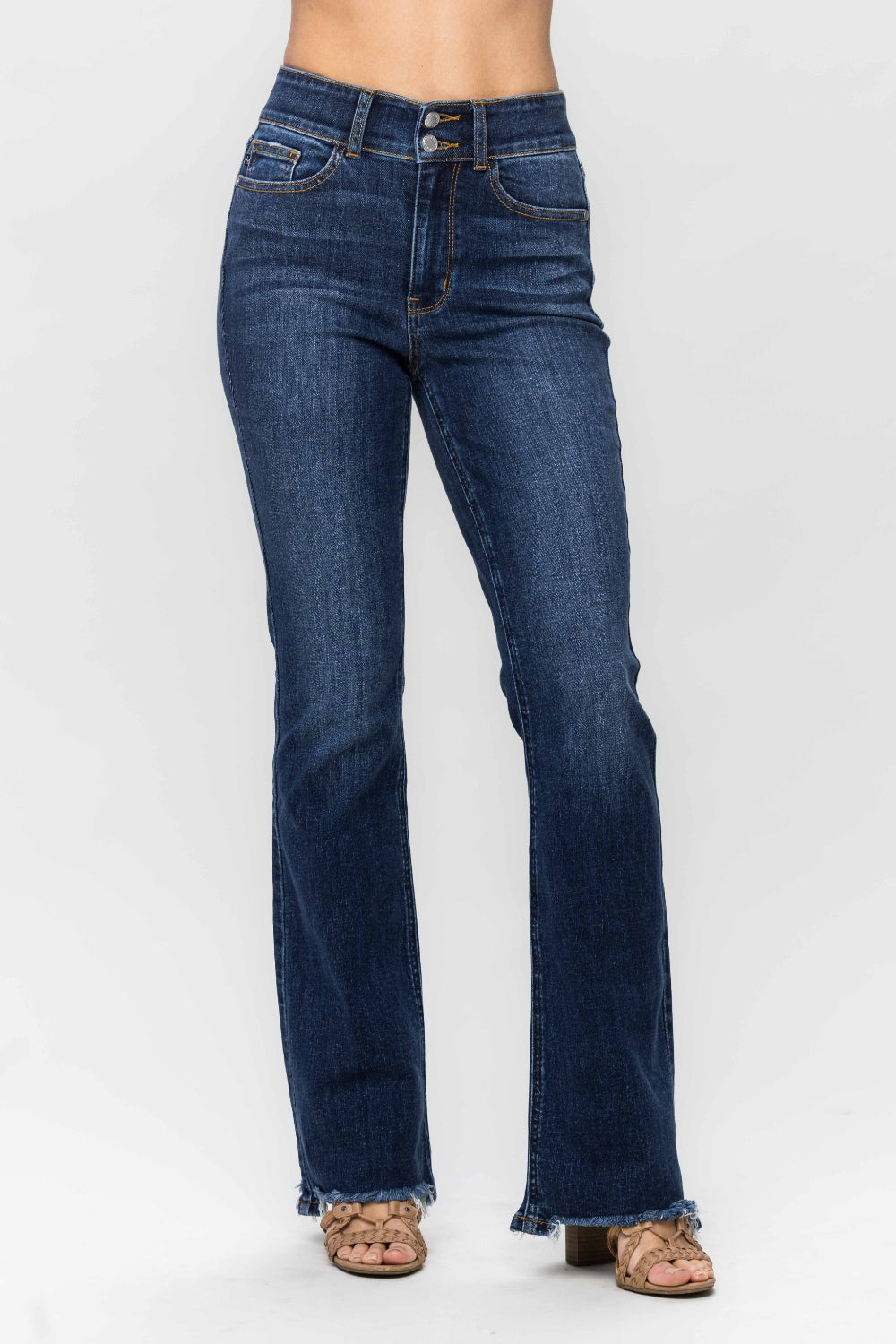 Denim - Judy Blue Full Size Frayed Hem Bootcut Jeans - Dark - Cultured Cloths Apparel