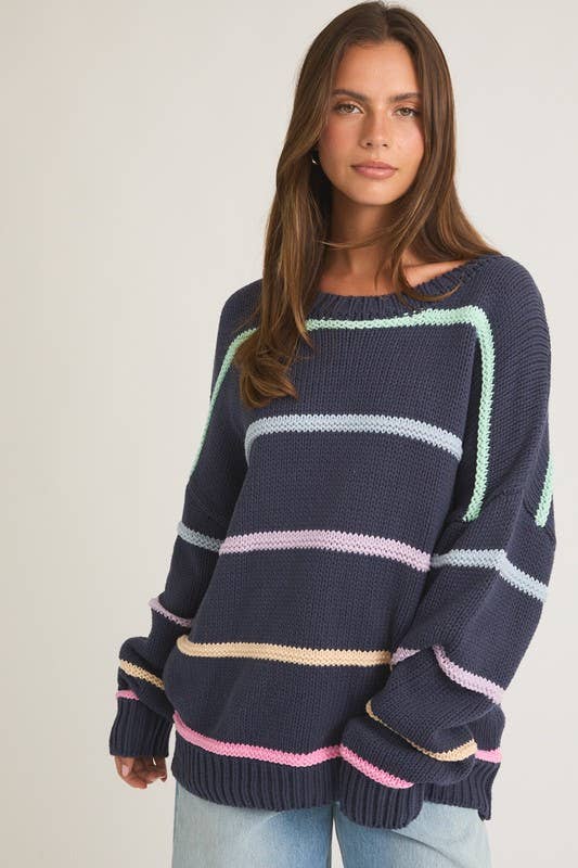 Women's Sweaters - Long Sleeve Round Neck 3d Striped Sweater - - Cultured Cloths Apparel