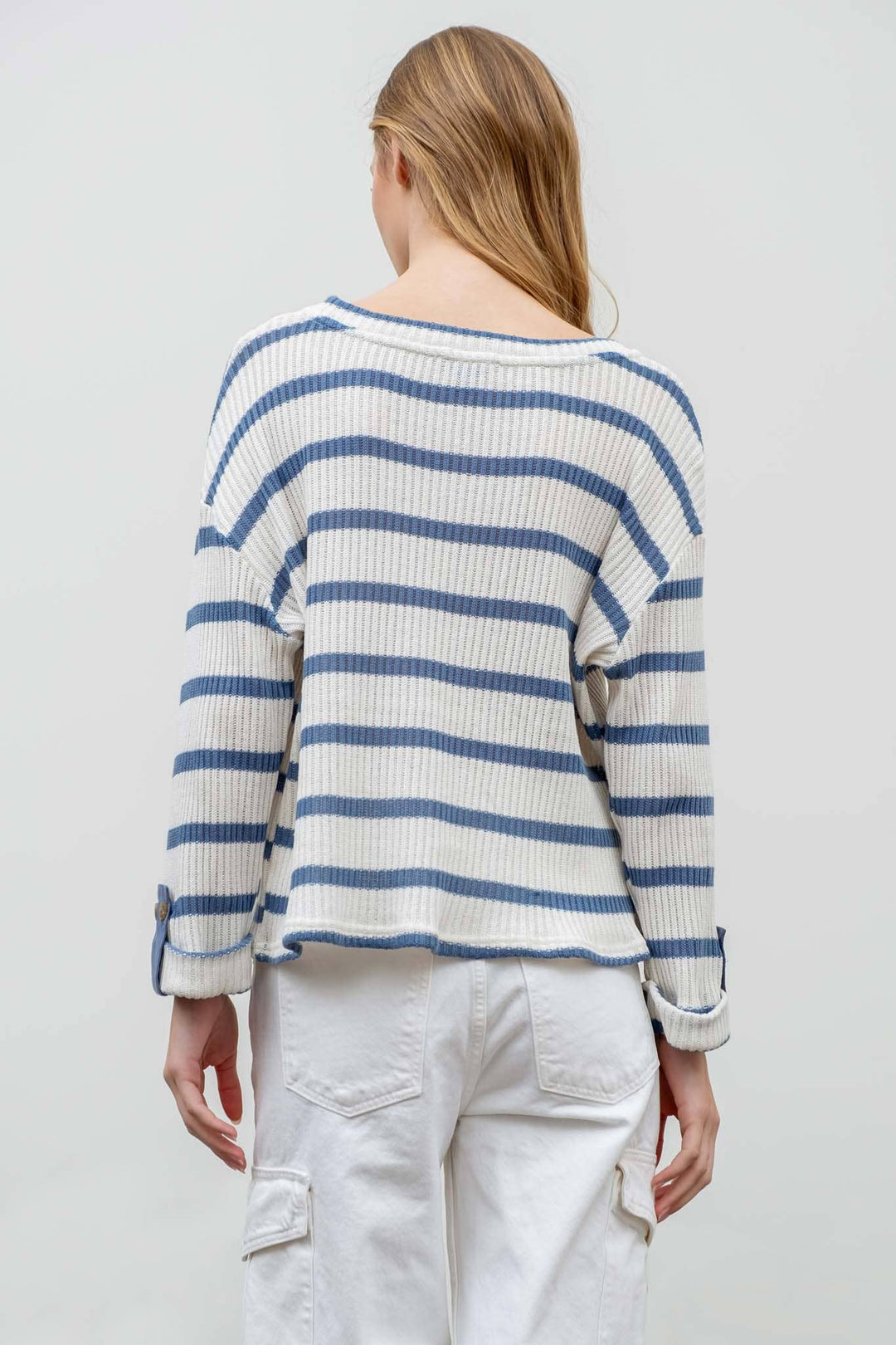 Women's 3/4 Sleeve - STRIPED 3/4 FOLDED SLEEVE KNIT TOP -  - Cultured Cloths Apparel