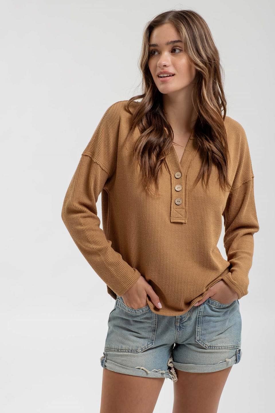 Women's Long Sleeve - HALF BUTTON V NECK LONG SLEEVE KNIT TOP - ALMOND - Cultured Cloths Apparel