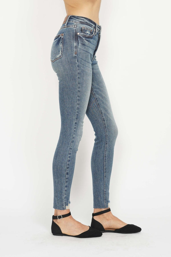 Denim - Judy Blue Full Size Tummy Control Vintage Wash Hem Destroy Skinny Jeans -  - Cultured Cloths Apparel