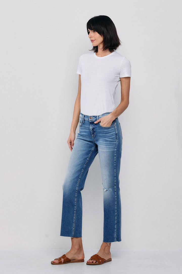 Denim - SNEAKPEEK MID RISE STRAIGHT JEANS WITH KNEE RIPS -  - Cultured Cloths Apparel