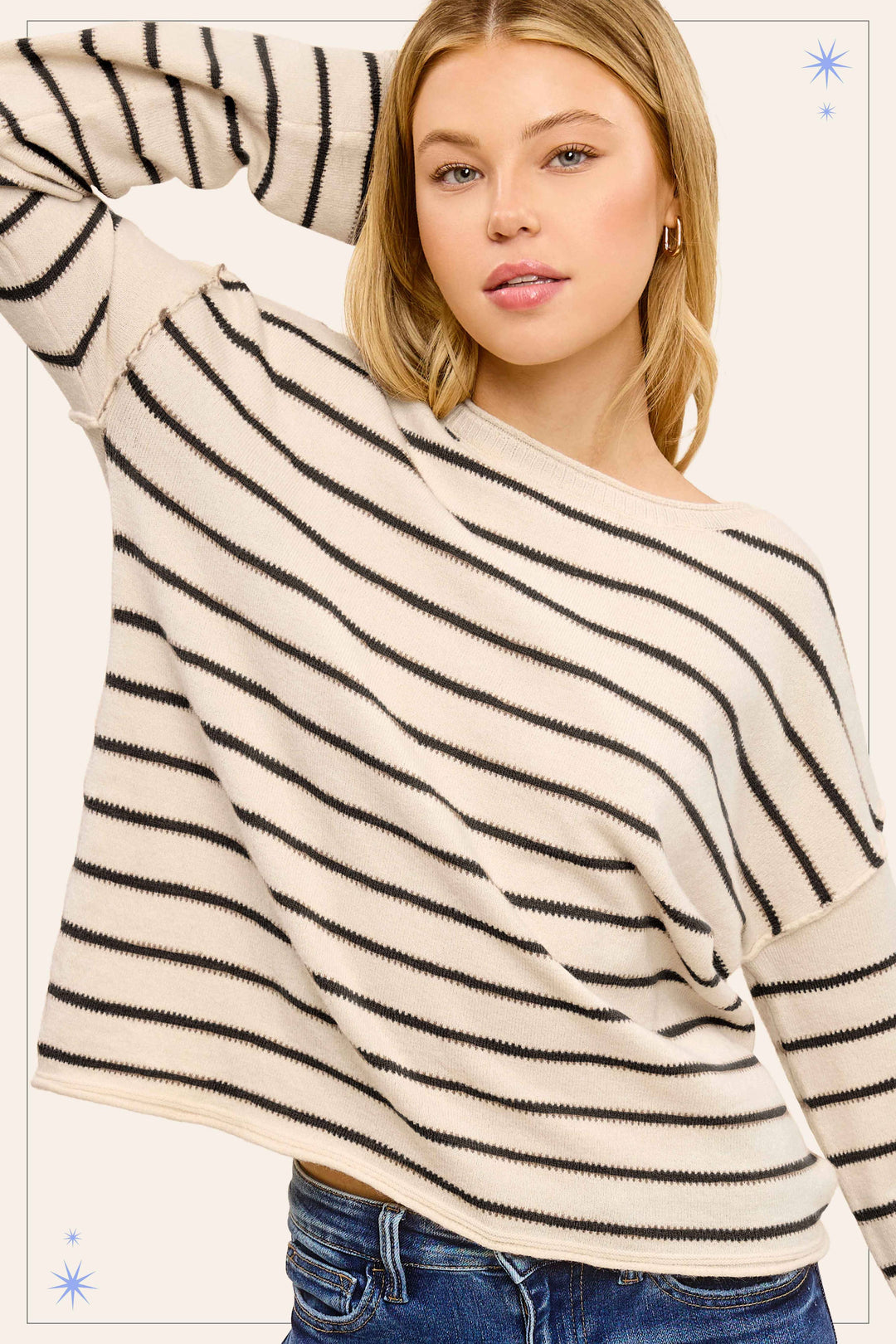 Women's Sweaters - Striped Round Neck Loose Fit Long Sleeve Sweater -  - Cultured Cloths Apparel