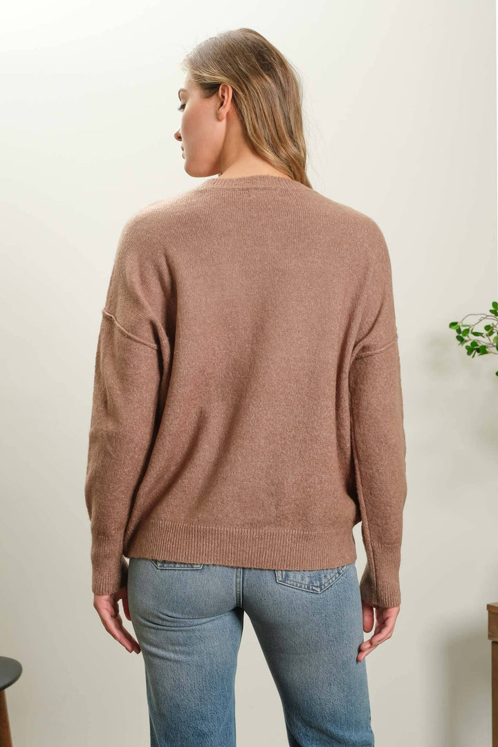 Women's Sweaters - SOLID CREWNECK FRONT SEAM KNIT SWEATER - - Cultured Cloths Apparel