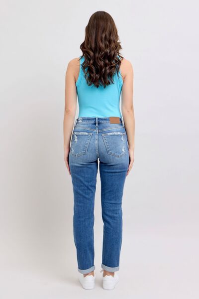 Denim - Judy Blue Full Size Button Fly Distressed Jeans with Pockets Plus Size - - Cultured Cloths Apparel