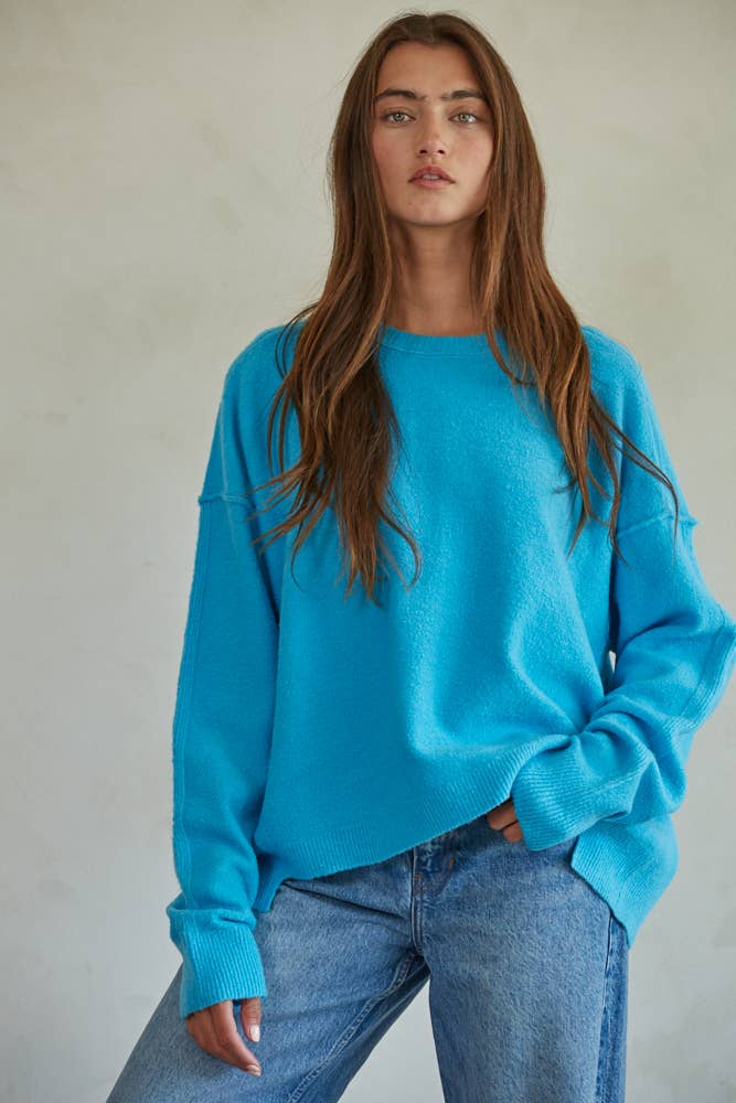 Women's Sweaters - Knit Sweater Ribbed Detailed Crew Neck Pullover - Aqua Blue - Cultured Cloths Apparel