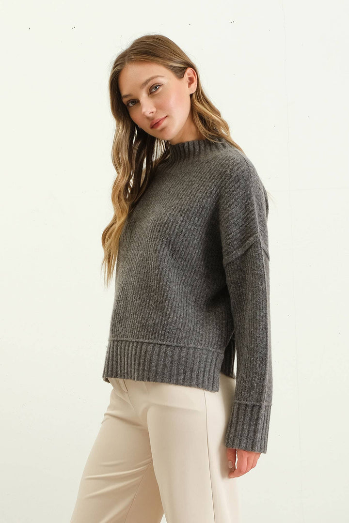 Women's Sweaters - MOCK NECK SPLIT HEM KNIT PULLOVER SWEATER -  - Cultured Cloths Apparel