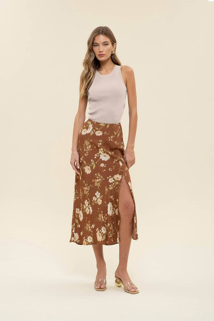 Women's Skirts - FLORAL HIGH WAIST SIDE SLIT BIAS MIDI SKIRT -  - Cultured Cloths Apparel